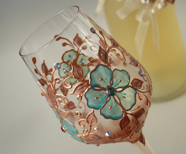 Blue Flowers Wine Glasses, Swarovski Crystals Hand-paintedsetof 2 - Shop  NeA Glass Bar Glasses & Drinkware - Pinkoi