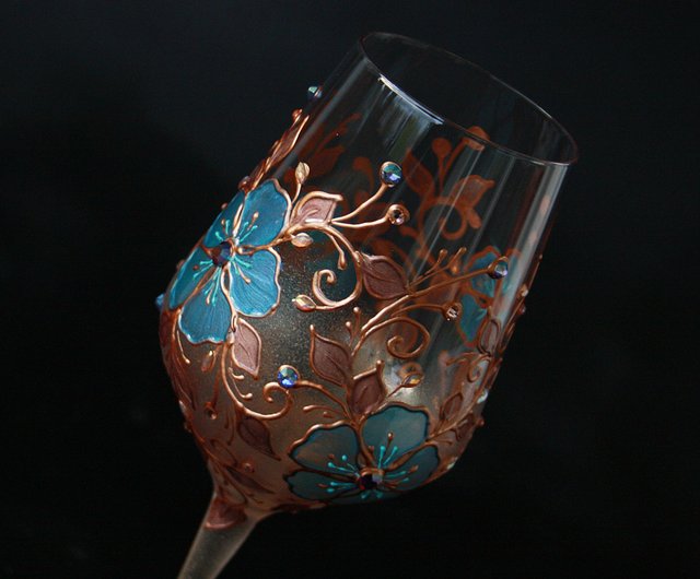 Blue Flowers Wine Glasses, Swarovski Crystals Hand-paintedsetof 2 - Shop  NeA Glass Bar Glasses & Drinkware - Pinkoi