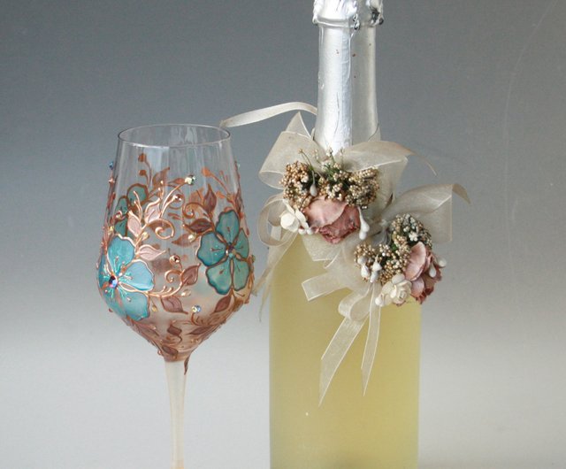 Blue Flowers Wine Glasses, Swarovski Crystals Hand-paintedsetof 2 - Shop  NeA Glass Bar Glasses & Drinkware - Pinkoi