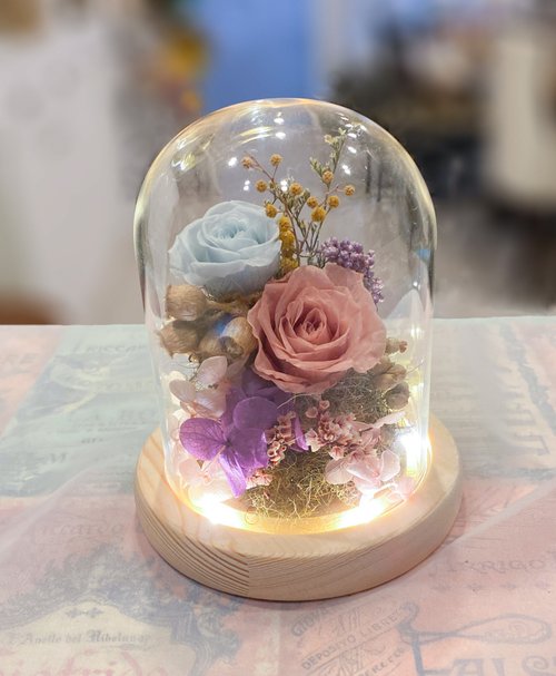 米夏花藝.手作.傢飾 永生花玻璃盅 夜燈 永生玫瑰 原木槽燈 防塵罩