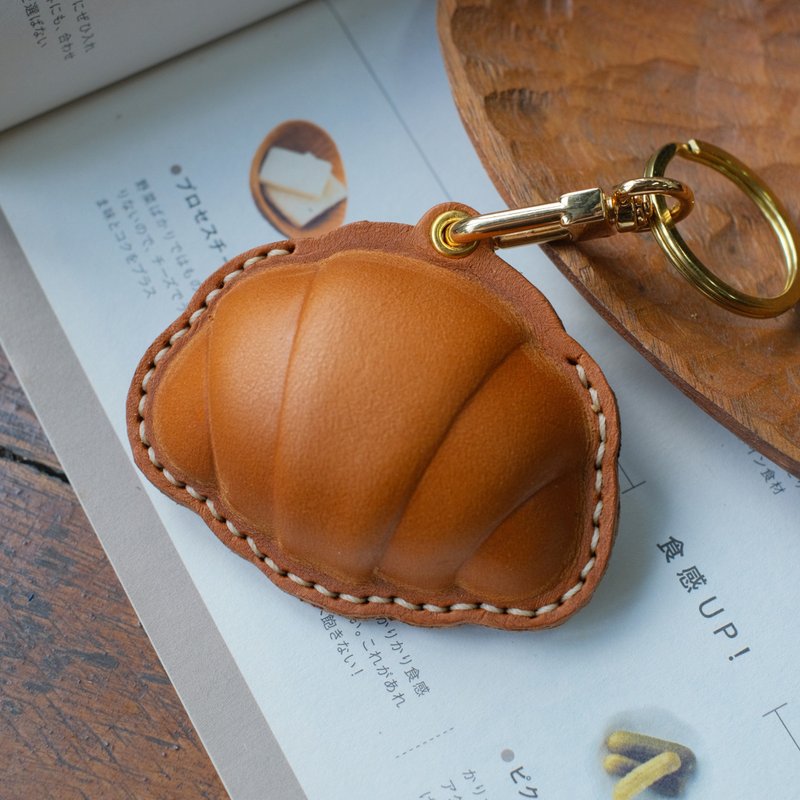 Croissant access card holder sensor card holder handmade top layer cowhide bag pendant - Keychains - Genuine Leather Brown