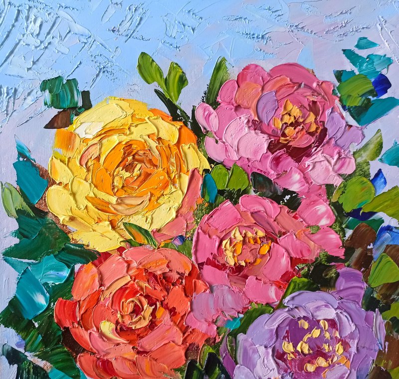 Roses Painting Flower Original Art Roses Oil Painting on Canvas 30x30cm - 海報/掛畫/掛布 - 其他材質 