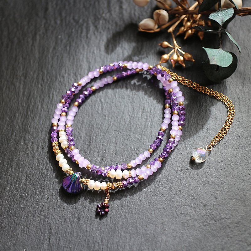 不鏽鋼玻璃珍珠三層調節式手鍊項鍊兩用鍊金屬桃紅色 - 手鍊/手鐲 - 不鏽鋼 紫色