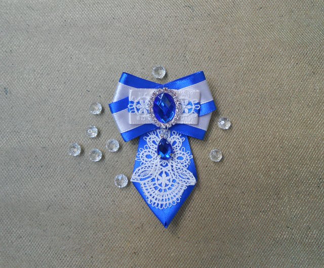 Blue white neck bow for women Collar bow brooch Bow tie pin with blue  crystal Vintage style bow brooch tie $40.00