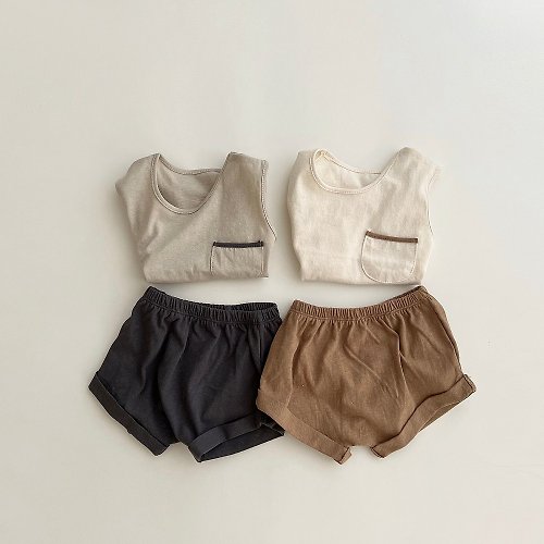 Peekaboohk 韓國無袖短褲拼色純綿套裝 •Tomi Baby Set•