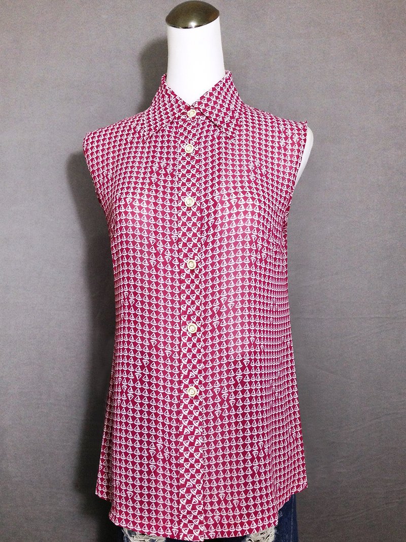 Sailboat Chiffon Sleeveless Vintage Shirt / Bring back VINTAGE abroad - เสื้อเชิ้ตผู้หญิง - วัสดุอื่นๆ สึชมพู