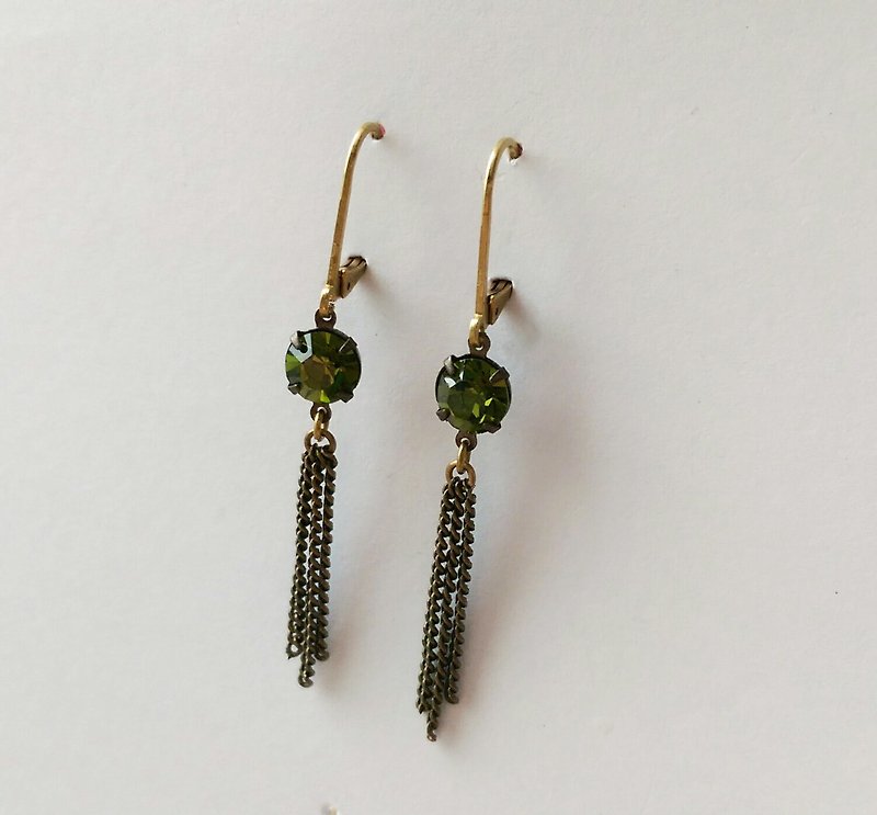 古董橄欖綠Swarovski流蘇耳環 - 耳環/耳夾 - 寶石 綠色