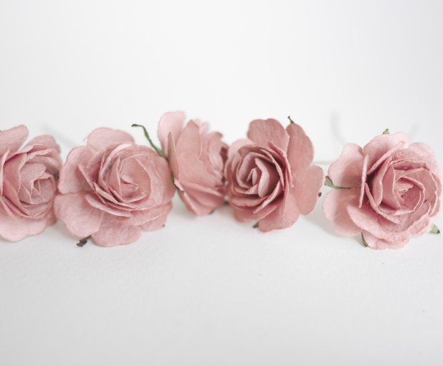 3/4 inch Scrapbooking Paper Flowers Roses with stems Pink and White craft  supplies scrapbook supplies mulberry paper card supplies stemmed