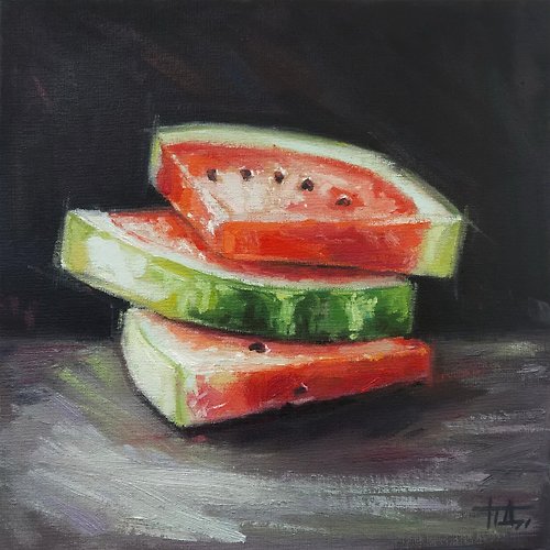 Diven.art Original oil painting on canvas Still life Red watermelon slices 20x20 cm