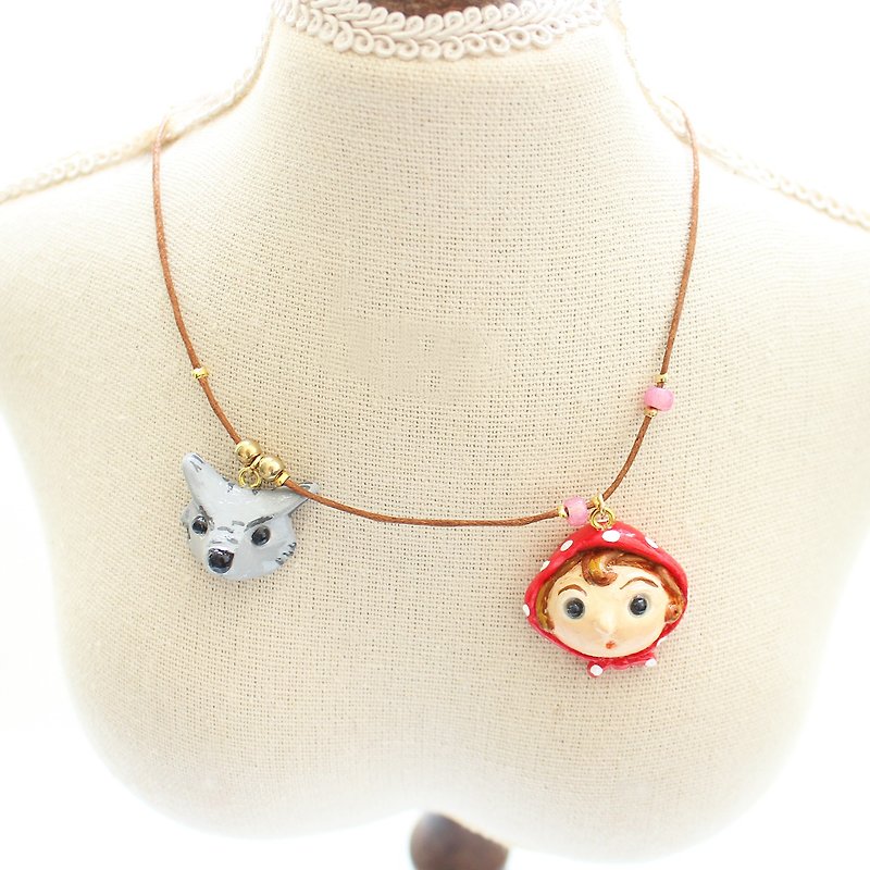 Little Red Riding Hood & Big Bad Wolf necklace - Necklaces - Pottery Red