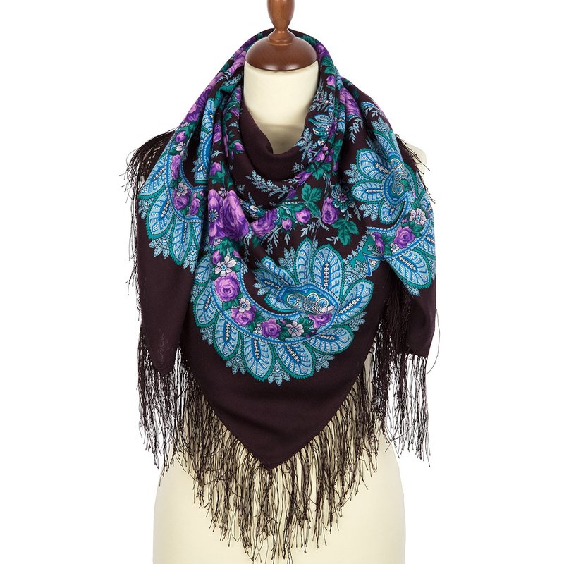 Original Pavlovo Posad Russian Shawl 100% Wool Woolen Scarf 110x110 cm 1699-15 - 絲巾 - 羊毛 藍色