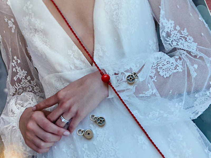 Red String Bracelet with Cinnabar Beads and Lotus Tassel - Bracelets - Gemstone Red