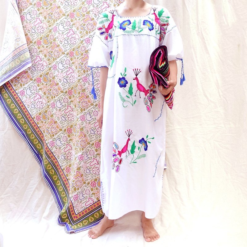 * BajuTua / Vintage / Mexican Rainbow Peacock Hand Embroidered Dress - One Piece Dresses - Cotton & Hemp White