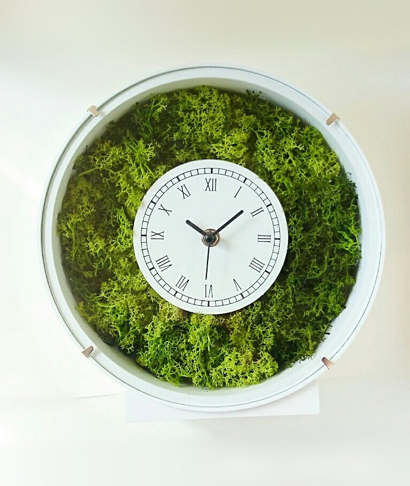 Flower Clock Round (White) Moss ver. - นาฬิกา - ไม้ สีเขียว