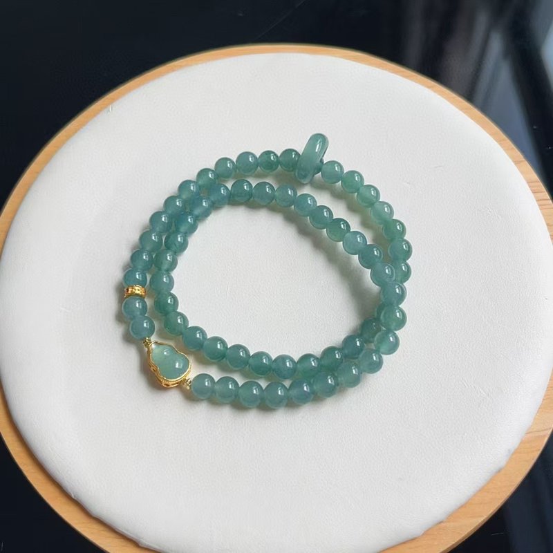 Natural A-grade blue water jadeite bracelet double circle with ancient gourd jadeite running ring blessing and luck jadeite bracelet - สร้อยข้อมือ - หยก 