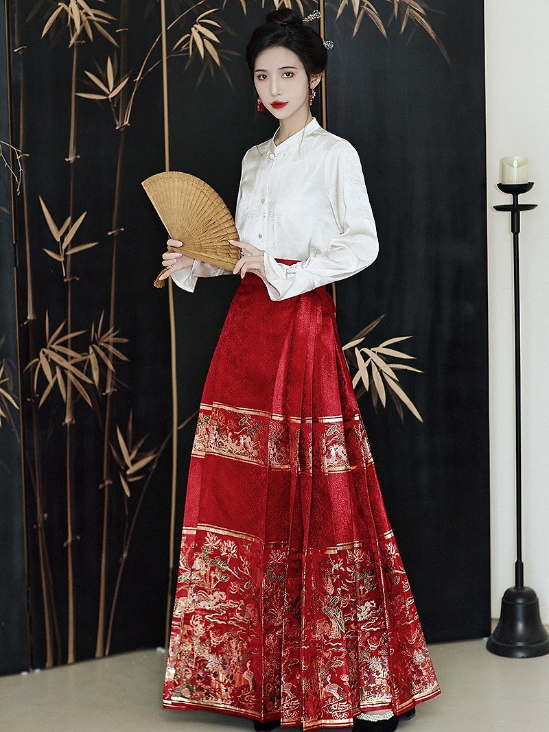 Wine red mandarin duck language Hanfu horse face skirt skirt retro improved Chinese bride toast dress - Skirts - Polyester Red