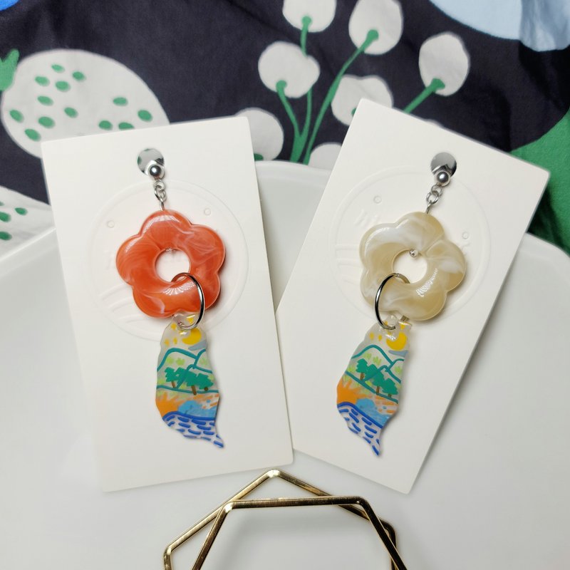 福爾摩沙 台灣 斜陽 手繪熱縮片 耳環 單支販售 - 耳環/耳夾/耳骨夾 - 不鏽鋼 多色