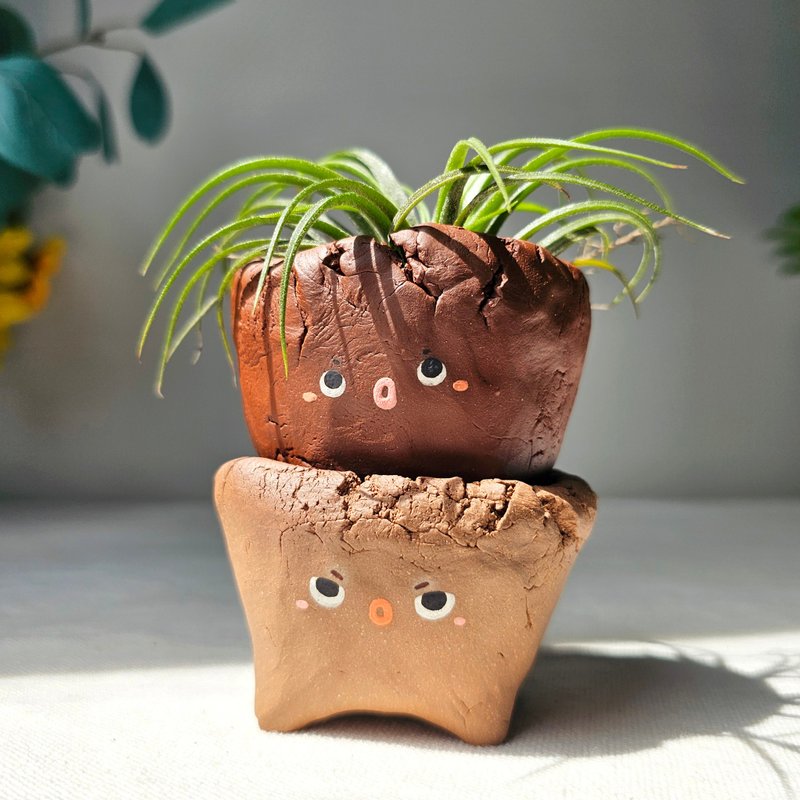 Set of 2 small face pots. Handmade succulent planters. - 盆栽/植栽 - 陶 