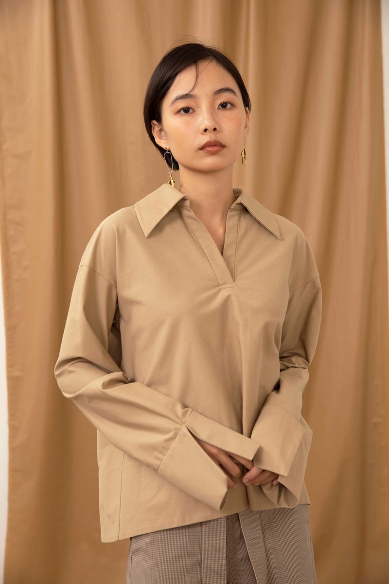 Simple top with lapels - Women's Tops - Cotton & Hemp Khaki