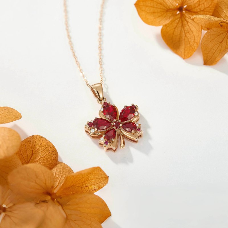 18K gold necklace cultured ruby Handmade Environmentally high-quality original - Necklaces - Other Materials Red