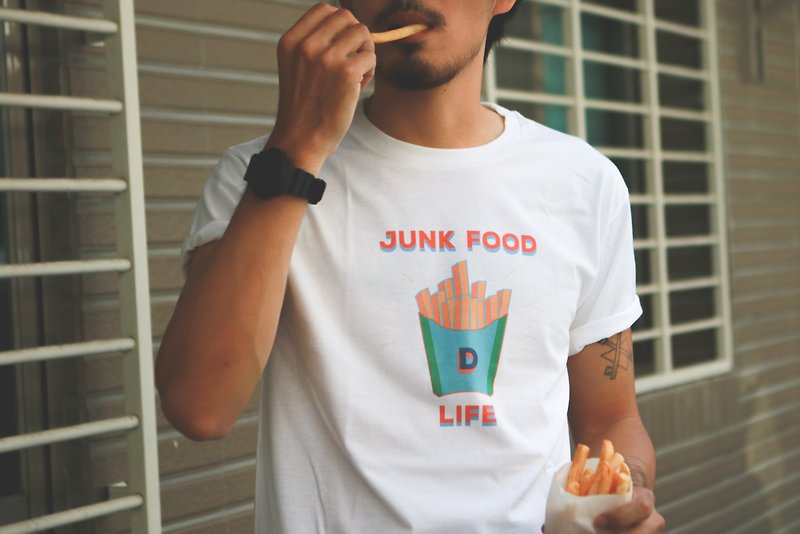 Deerhorn design / Deerhorn JUNK FOOD Let’s have a big potato T-shirt - เสื้อฮู้ด - ผ้าฝ้าย/ผ้าลินิน ขาว