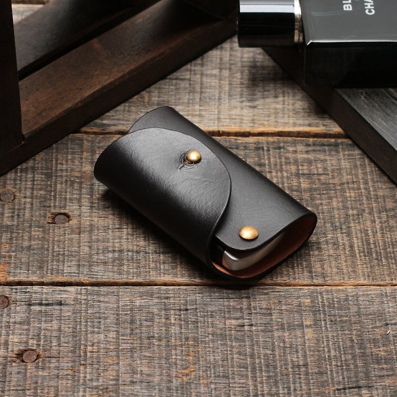 Minimal car key bag | Stone black hand-dyed vegetable tanned cow leather | Pure copper hardware | Multi-color - ที่ห้อยกุญแจ - หนังแท้ สีดำ