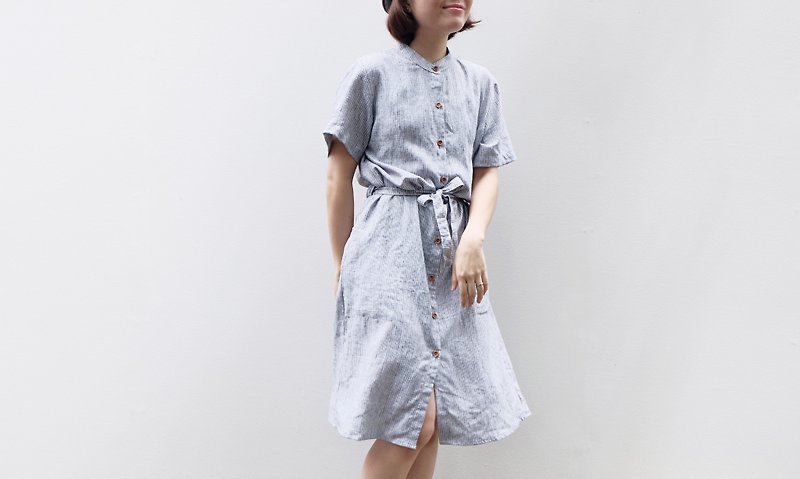 Mandarin Ribbon Dress ( MAY Dress ) : Striped pattern - ชุดเดรส - ผ้าฝ้าย/ผ้าลินิน ขาว