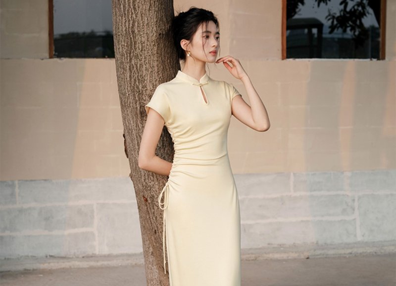 [Licorice Yellow] New Chinese Retro Style Stand Collar Fitted Knit Dress - One Piece Dresses - Cotton & Hemp White