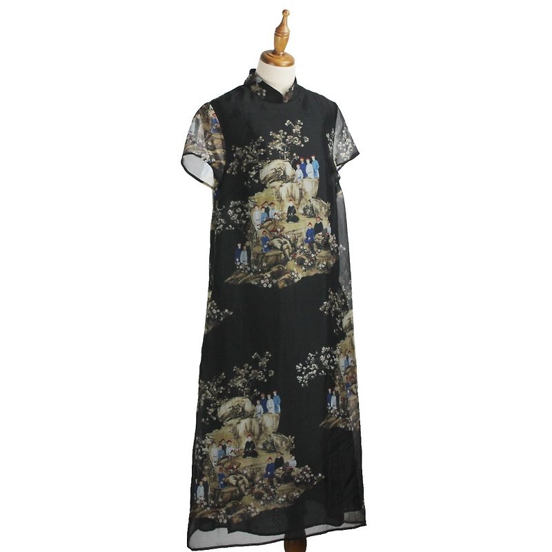 Ugan yarn slanted cheongsam dress/customized goods/Taiwan original design/handmade clothes of master tailor - Qipao - Silk Black