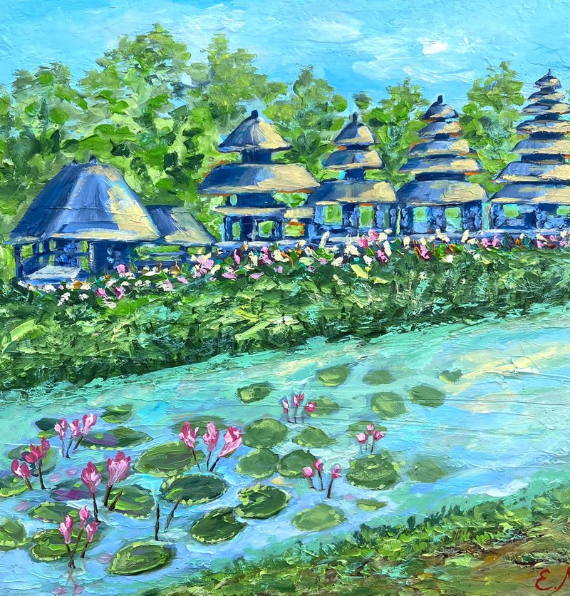 Bali Riyal Temple, Oil painting, Seascape, Abstract landscape, Impressionism art - ตกแต่งผนัง - วัสดุอื่นๆ สีน้ำเงิน