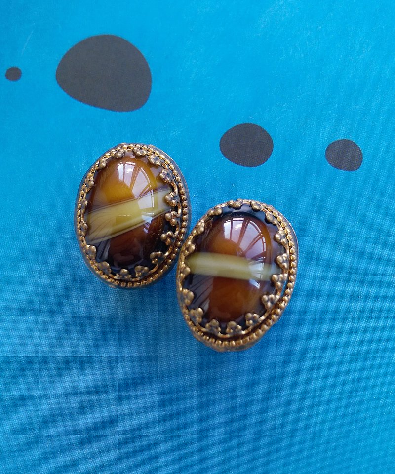 Vintage Jewelry 西洋古董飾品 西德製 橢圓 優美瑪瑙紋 夾式耳環 - 耳環/耳夾/耳骨夾 - 其他金屬 金色