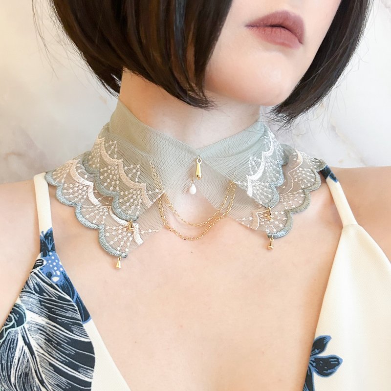 Fairy Minte's Necklace/Mint Green Lace Choker SV626 - สร้อยติดคอ - วัสดุอื่นๆ สีเขียว