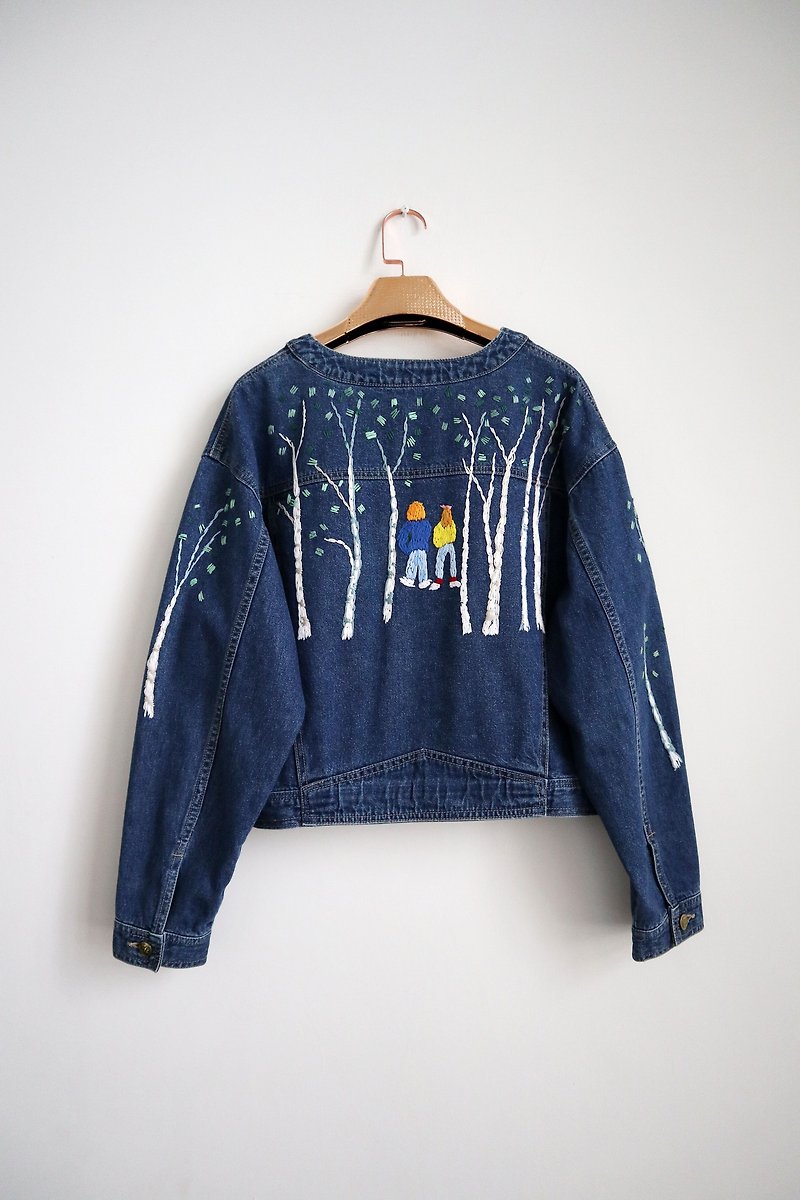 Pumpkin Vintage. Old Forest Dating Embroidery Denim Jacket - เสื้อแจ็คเก็ต - วัสดุอื่นๆ 