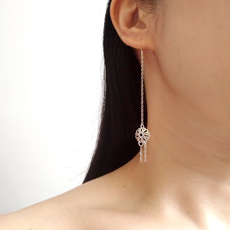 se002-Flower Language-Pure Silver Flower Long Dangle Pin/Clip Earrings - ต่างหู - โลหะ สีเงิน