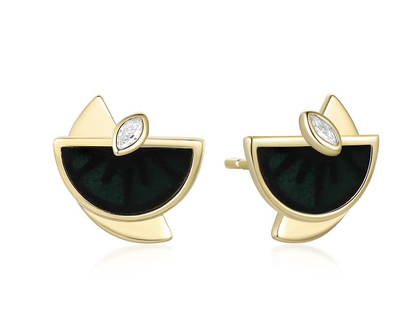 Natural Ink Emerald Future Diamond Stud Earrings - ต่างหู - หยก สีทอง