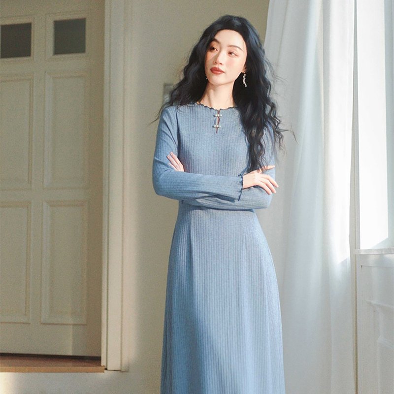 藍色珍珠扣針織連衣裙MYD35053 - 洋裝/連身裙 - 其他材質 藍色