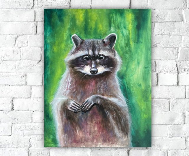 タヌキの油絵、帆布の油絵、緑のアートワーク、画狸 - ショップ
