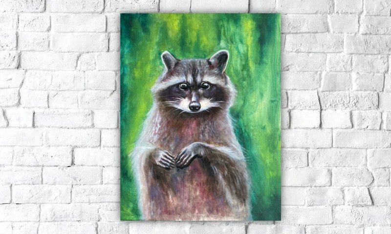 Raccoon Oil Painting, Oil Painting On Canvas, Green Artwork,  画狸 - โปสเตอร์ - วัสดุอื่นๆ สีเขียว