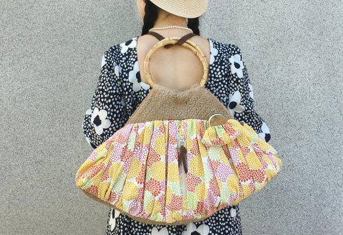 風皿設計 大容量手提袋 可後背 竹節 貝殼 購物袋 口金包包 日本菊
