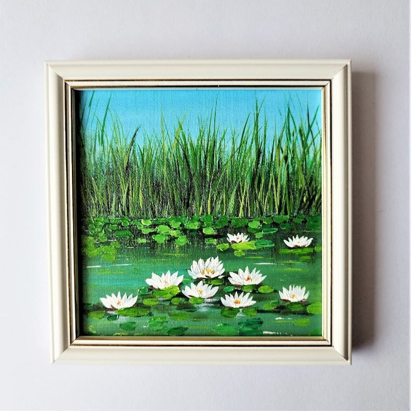 Water Lily original painting 掛畫 Flower impasto art Lotus Pond 油畫 Landscape 客廳 掛畫 - 壁貼/牆壁裝飾 - 壓克力 綠色
