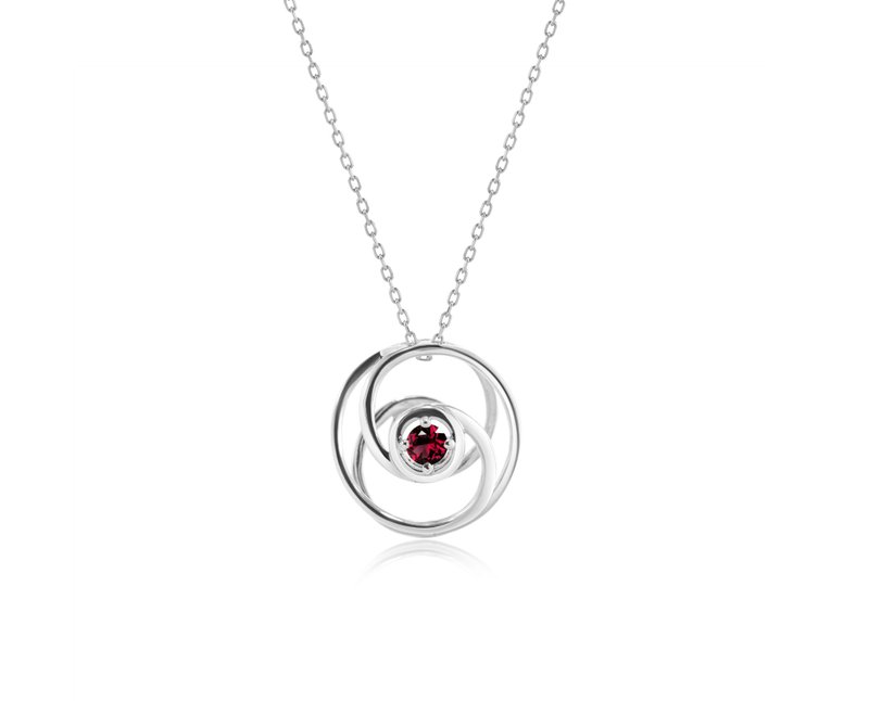 Red garnet charm dainty circle 14k gold necklace-Minimalist birthstone pendant - Necklaces - Precious Metals Red