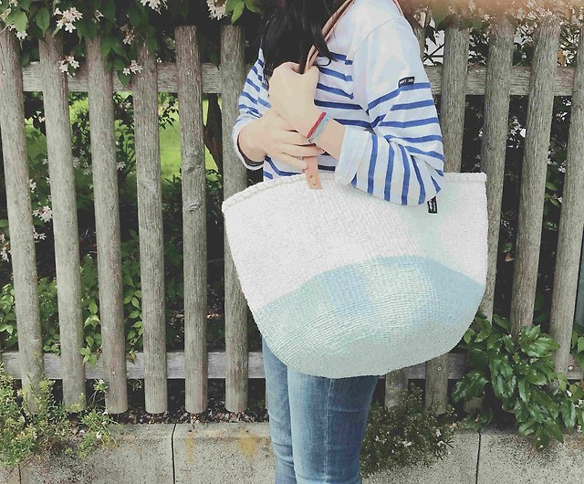 Handmade Woven Tote Bag - Light and Dark Blue, White and Grey
