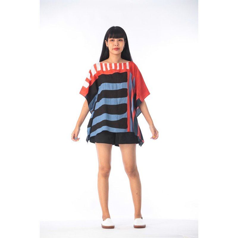 Poncho Blouse Cotton Silk Hand Painted for Summer resort vac - 女上衣/長袖上衣 - 棉．麻 藍色