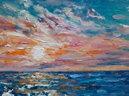 海の夕焼けミニ油絵、紺碧の海岸オリジナルアート、海の手作りウォール 