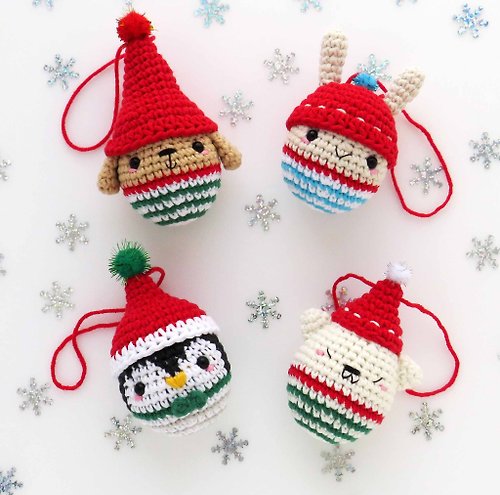 CrochetGiftsShop Set 4 in 1 Crochet Pattern Christmas Ornament Cat, Bunny, Dog, Penguin