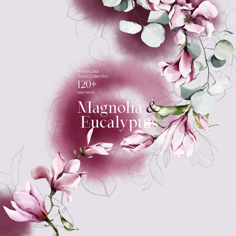 MAGNOLIA & EUCALYPTUS. Watercolor floral clipart collection - 電子似顏繪/繪畫/插畫 - 其他材質 