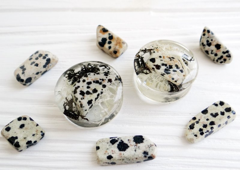 DALMATIAN JASPER plugs gauges 0g 00g 30mm tunnel Stone - 耳環/耳夾/耳骨夾 - 寶石 白色