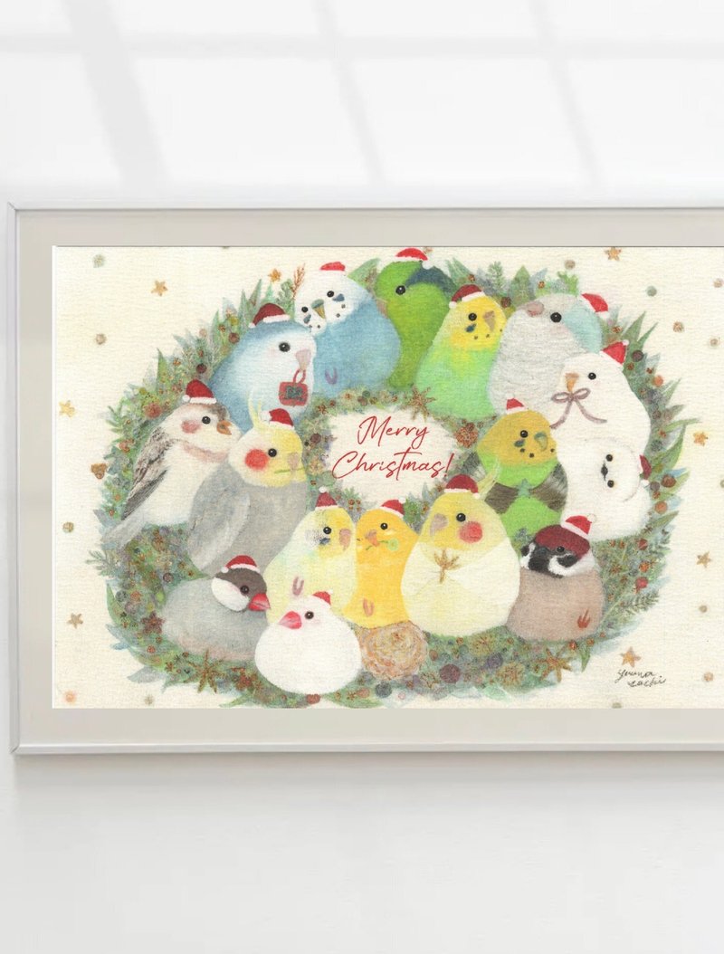 文字あり　A4 アートポスター サンタインコリース    クリスマスリース   クリスマス  セキセイインコ 鳥 小鳥 野鳥 スズメ   オカメインコ カワセミ - 海報/掛畫/掛布 - 紙 綠色