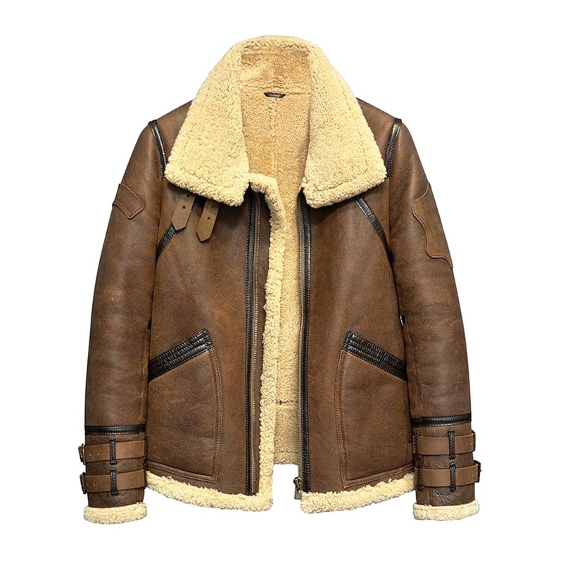 B3 Bomber Shearling Brown Leather Jacket - เสื้อโค้ทผู้ชาย - หนังแท้ สีนำ้ตาล