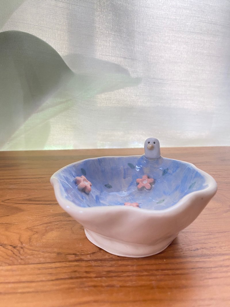 Cute Little bird Handmade Ceramic Mini Bowl - 碗 - 陶 藍色